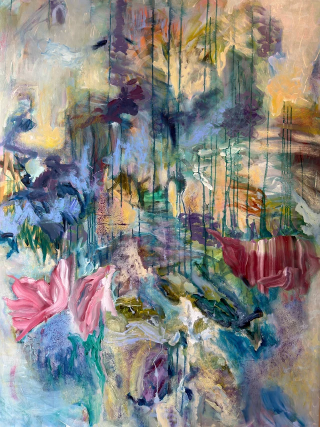 Gelgotaite 195x145 cm by Hannes Schauer

Colours layered until the surface reads as weather rather than pigment. Close up the composition loosens; from a distance it gathers again.

Among plain Pierre Frey upholstery — warm, unpatterned, quiet — the fabric absorbs light and the painting returns it. Neither competes. What remains is a presence you sense before you locate it. #cominghomeinterieur