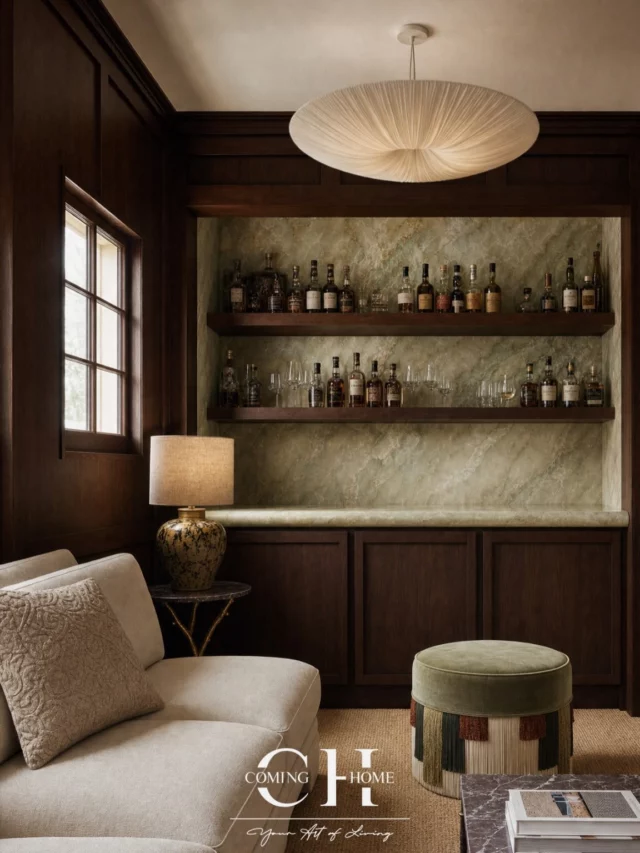 PRIVATE BAR CONCEPT.

A warm and intimate space combining dark wood, natural stone and soft, textured fabrics. Carefully selected furniture and lighting bring character to the space and create an inviting atmosphere.

Swipe to discover the pieces featured in this interior:

Sofa — PATT by @lamaisonpierrefrey 
Coffee Table — Stanley by @portaromanauk 
Side Table — Forest by @portaromanauk 
Table Lamp — Wilfred by @portaromanauk 
Pouf — Couture by @lorenzabozzoli 
Pendant Light — by @aqua_creations 

All pieces are available through COMING HOME INTERIEUR.